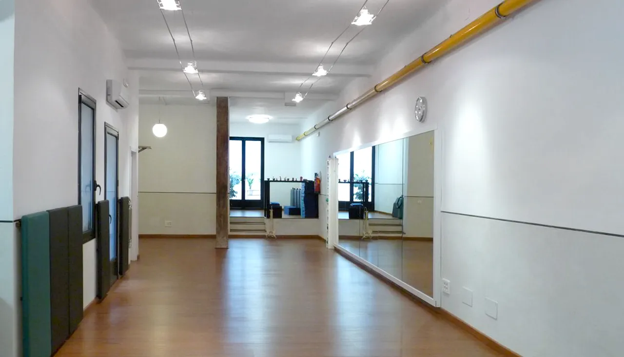 Sala real de entY, con suelo de madera, espejos y material de movimiento