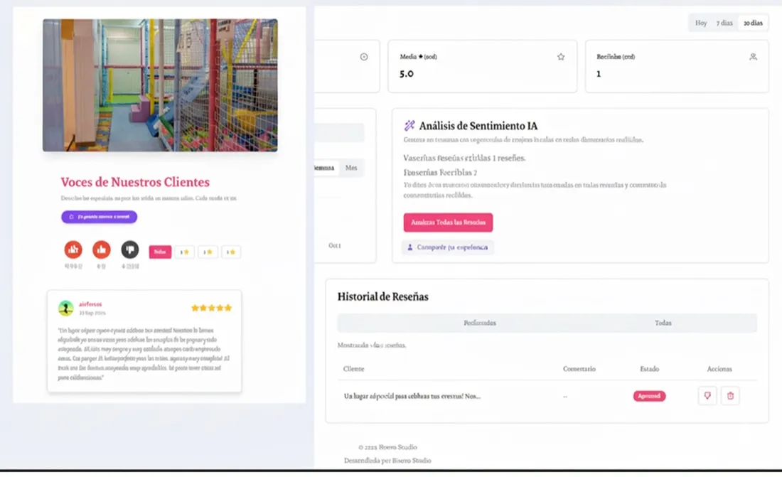 Feedback Momentos: Gestión completa de reseñas: formulario con Google, muro público moderado y panel con métricas.