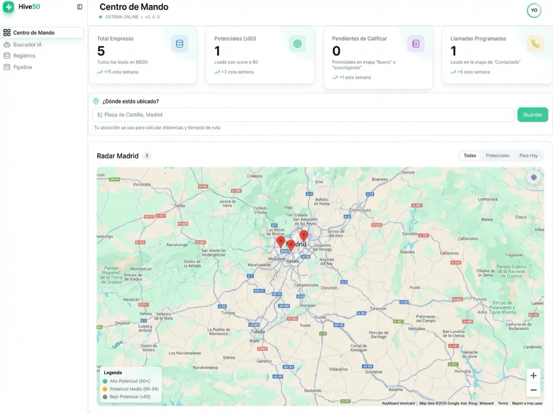 Hive50 Leads: Encuentra y cualifica empresas con potencial real. Score y pipeline para priorizar a quién contactar.