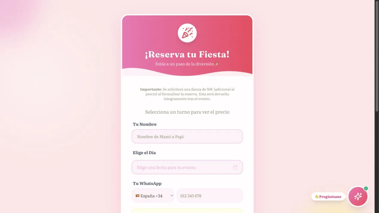 Formulario real de reserva de Momentos Mágicos